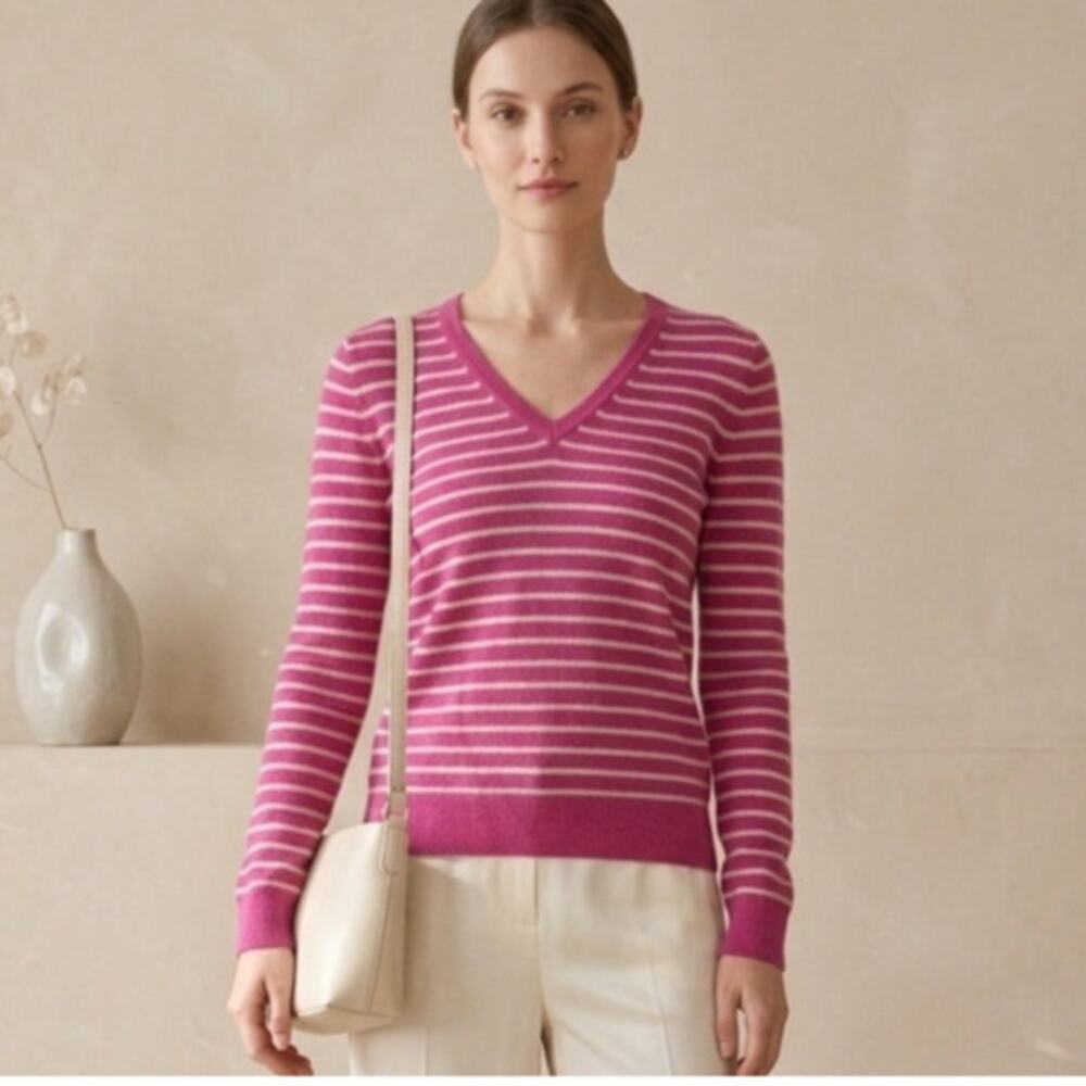 Lord & Taylor 100% Cashmere Pink Striped V Neck Sweater Cozy Casual